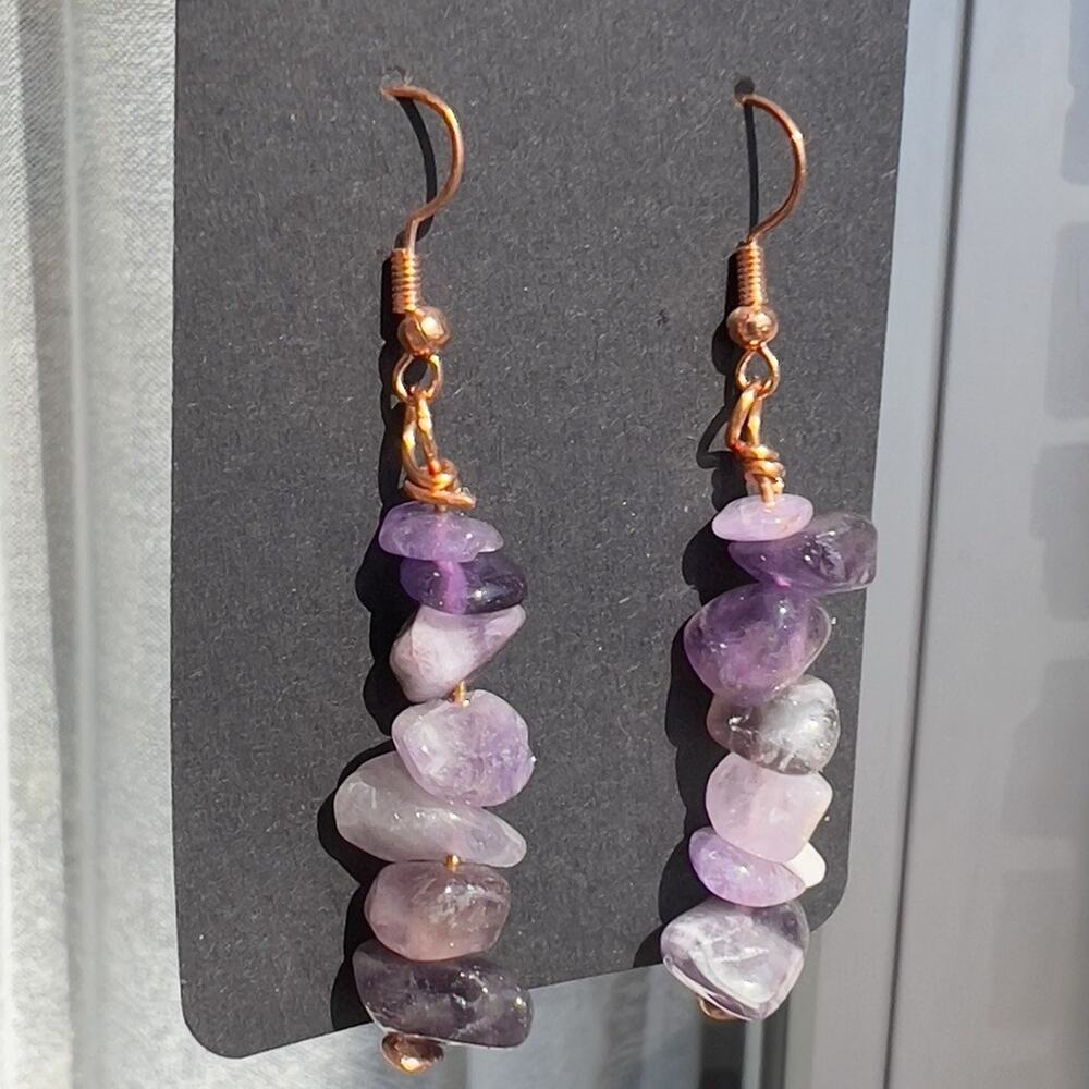 Artisan Made Chunky Amethyst Dangle Drop Earrings On Copper Boho